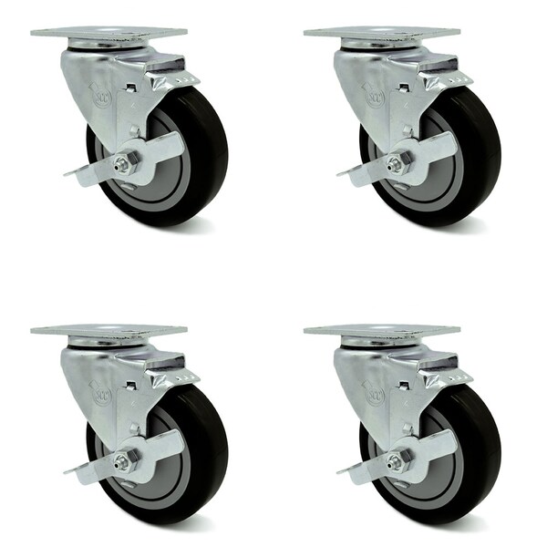 4 Inch Black Polyurethane Wheel Swivel Top Plate Caster Set with Brake SCC